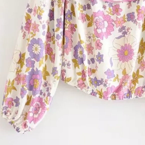 Boho Floral Gypsy Print Ruffle CropTop Long Sleeve - Picture 7 of 9
